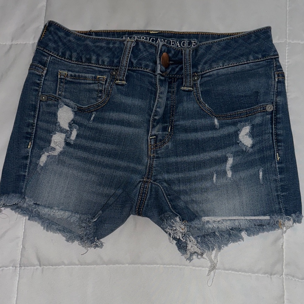 American Eagle Outfitters Ripped Jean Shorts - Dark Blue